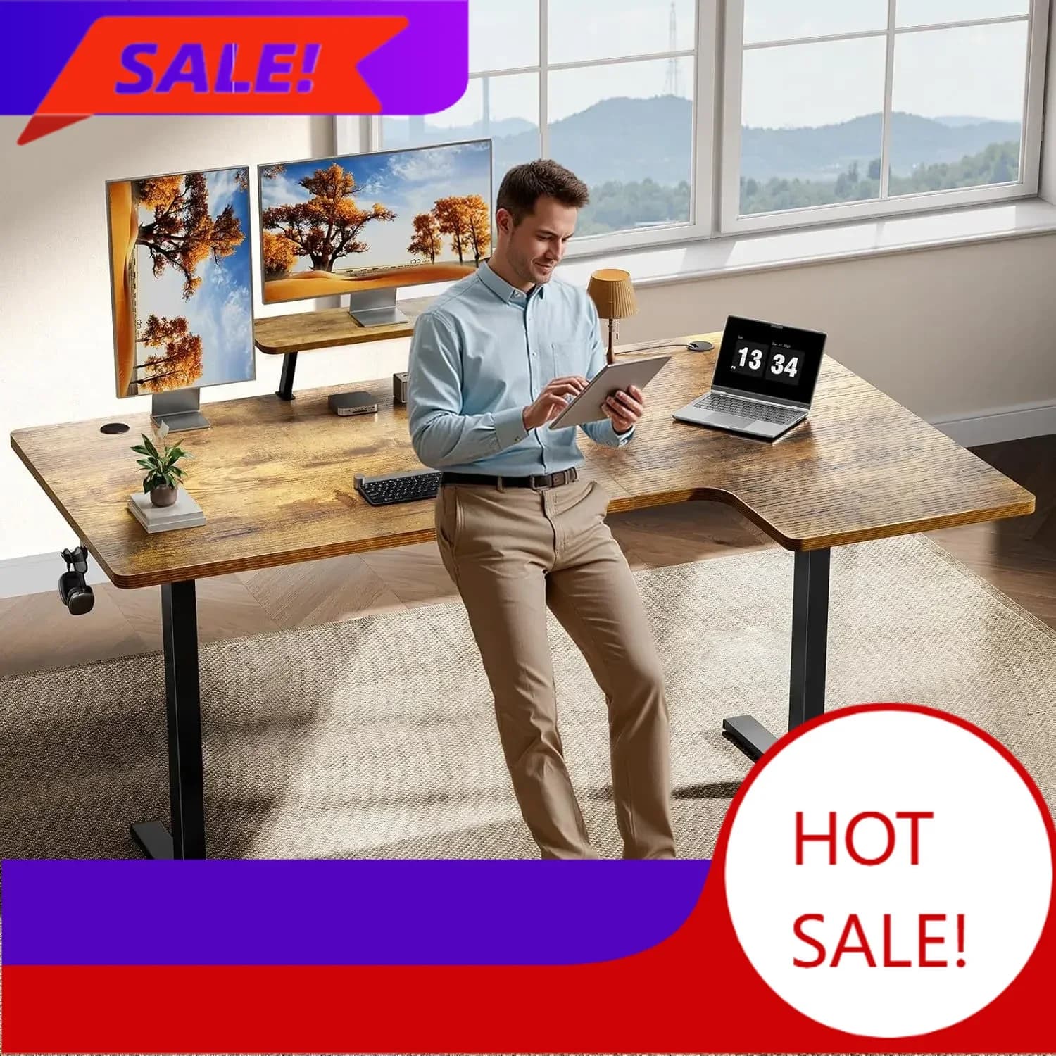 Bestseller L Corner Desk Adjustable - 63 Inch Angle Desk with Flexible Monitor Support, Sit-Stand Electric Desk