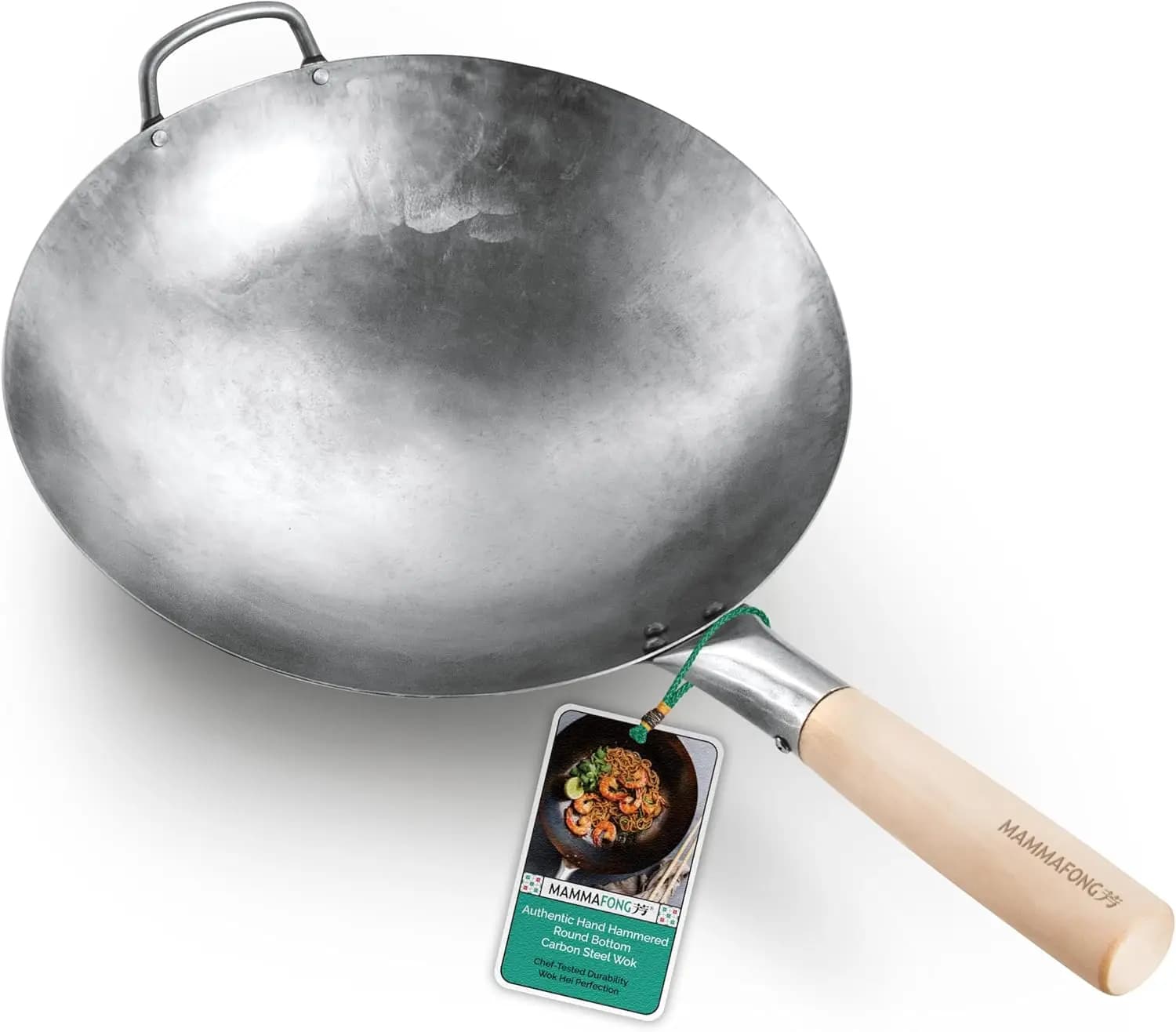Wok Tradizionale in Acciaio al Carbonio da 14 Pollici - Martellato a Mano, Superficie Antiaderente per una Cucina Sana e Salutare