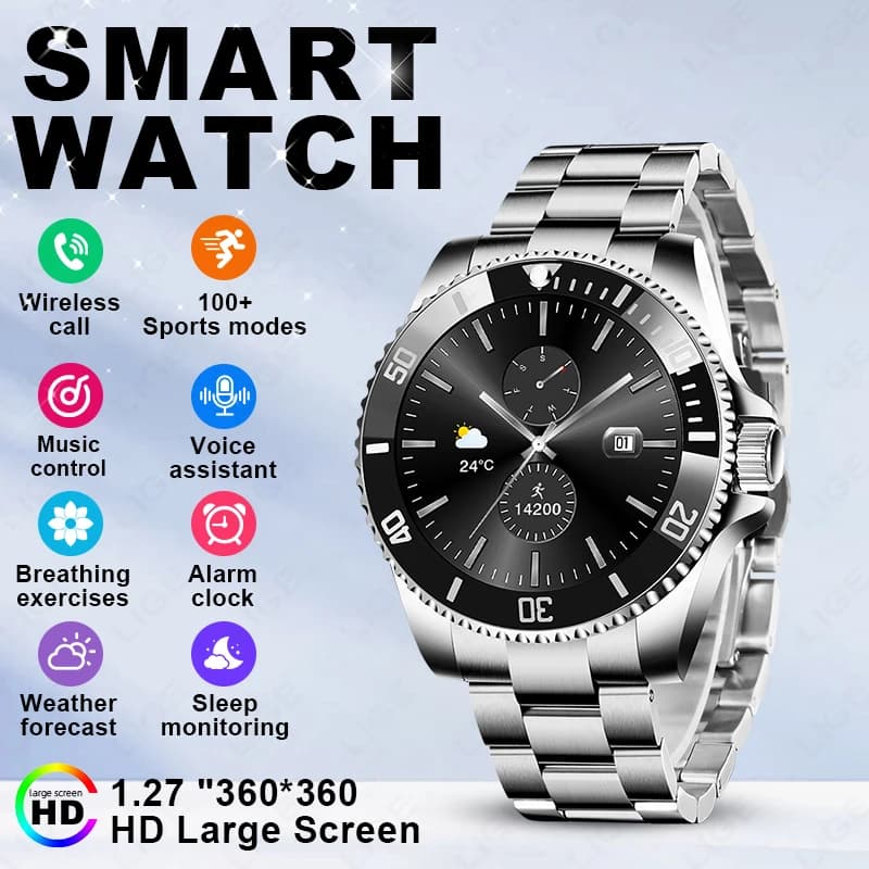 LIGE 2026 Smart Watch 1.27"HD Screen Health Sleep Monitor Sports Waterproof Bluetooth Call Luxury Steel Strap Men's Smartwatch