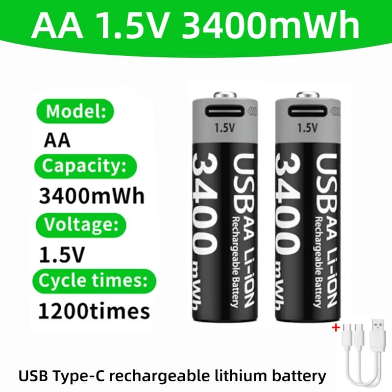 Nuova Batteria al Litio Ricaricabile USB AA 1.5V 3400mWh Tipo-C 2026 per Fotocamera da Caccia, Telecomando, Mouse, Serratura Intelligente, Giocattoli