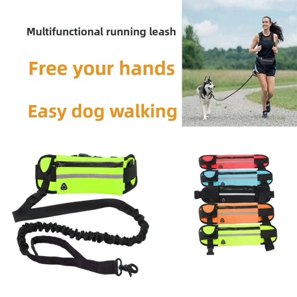 Guinzaglio Elastico per Cani con Cintura da Corsa a Mani Libere, Borsa Portaoggetti, Corda di Trazione in Nylon, Fibbia Riflettente, Accessorio per Passeggiate con Animali Domestici