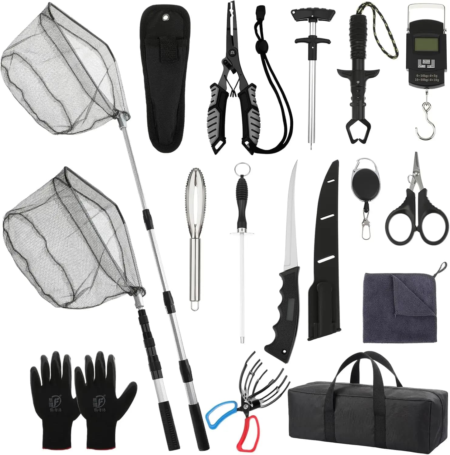 Kit di Attrezzi da Pesca 14 Pezzi con Pinze, Rete, Coltello, Bilancia, Forbici e Altro per Pescatori