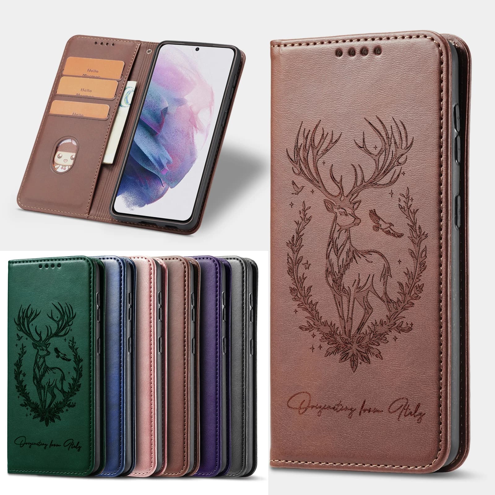 3D Lucky Deer Flip Leather Wallet Case For Samsung S25 S24 S23 S22 S21 Ultra Plus FE A57 A56 A55 A54 A15 A16 A35 A36 A17 Cover