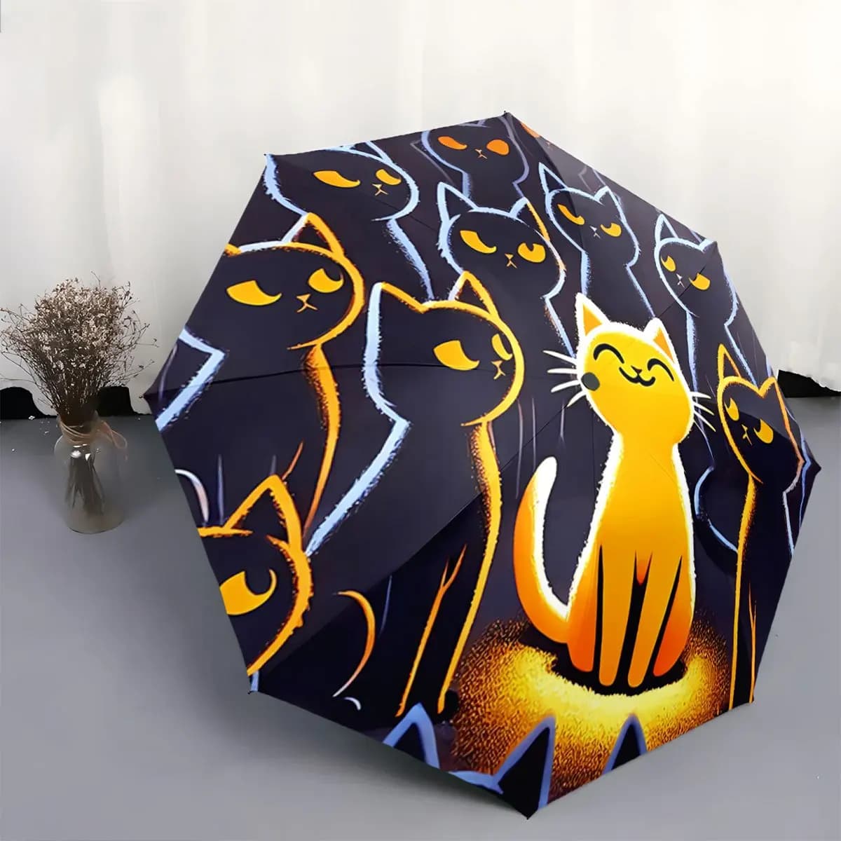 Ombrello automatico apri/chiusura con motivo gatto carino - Sfondo blu navy, ombrello pieghevole compatto con telaio robusto a 8 stecche