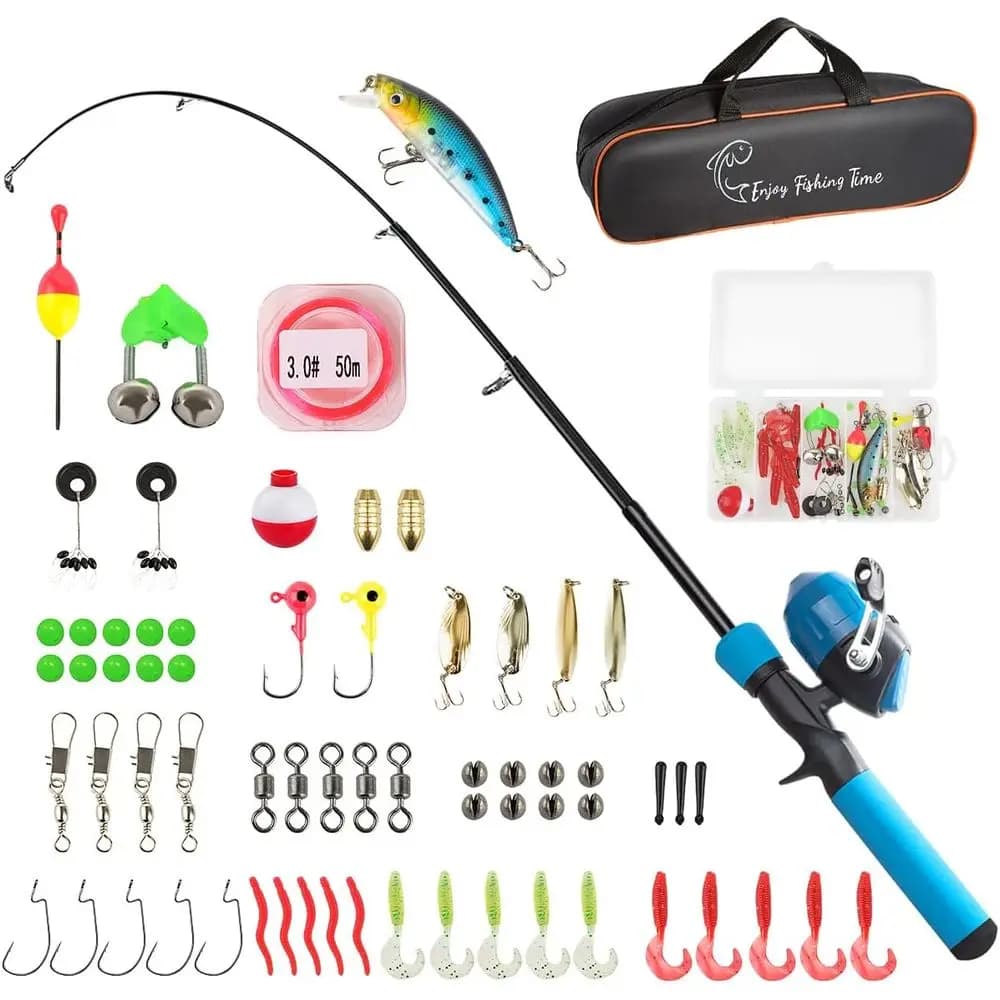 Telescopic fishing kit for beginners, combined with 59 rods and Spincast reel with equipment box, baby bag and small children