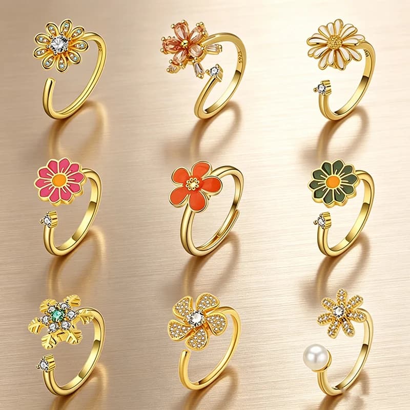 Colorful Anxiety Daisy Spinner Ring Anti Fidget Rotatable Finger Jewelry Ladies Wedding Anniversary Rings Relax Gift Accessories