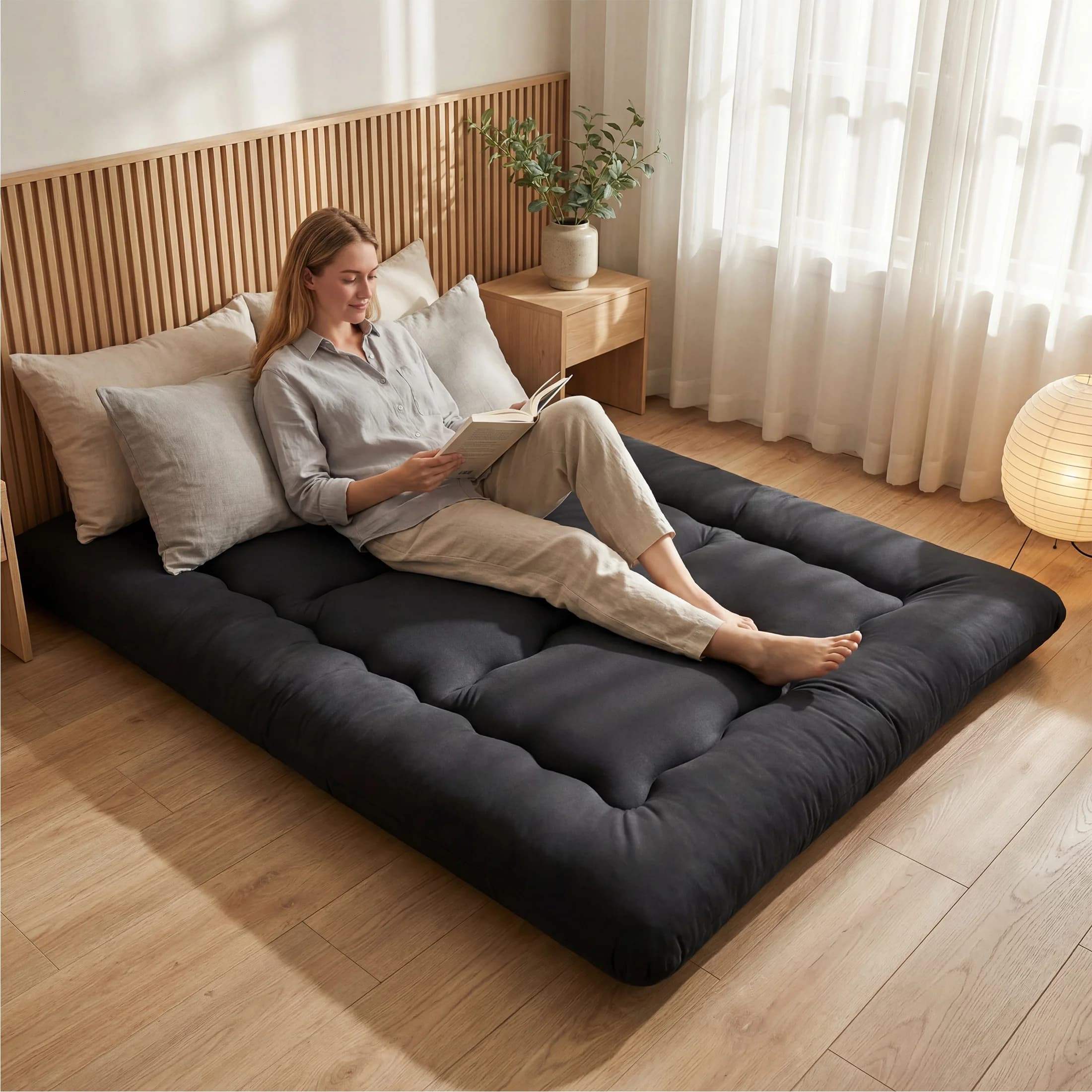 4 Inch Japanese MCQ Mat, Futon Mat Foldable with Removable and Washable Coating, Soft Bed Topper, Bedroom Furniture
