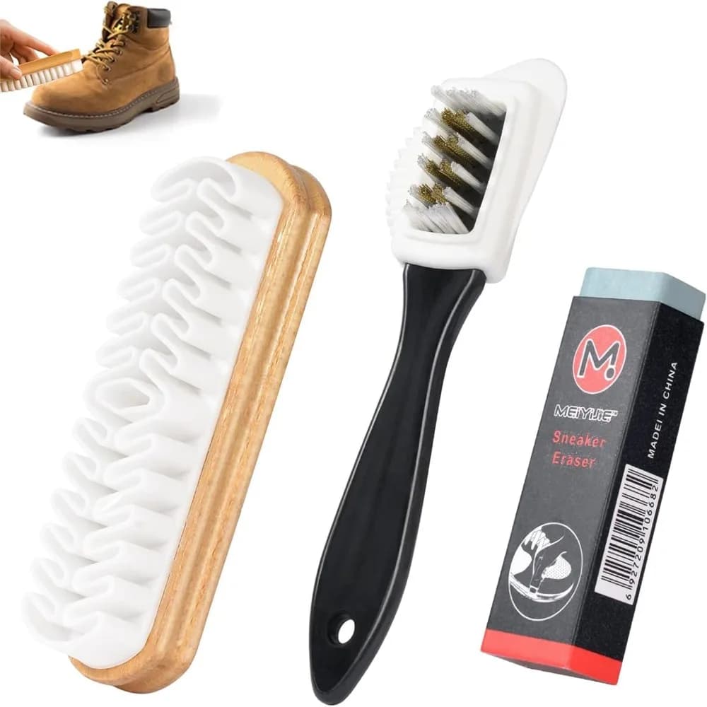 Set di 3 Spazzole in Camoscio con Gomma, Spazzola Morbida per Rimozione Macchie, Kit Multifunzionale per Pulizia Scarpe in Nabuk