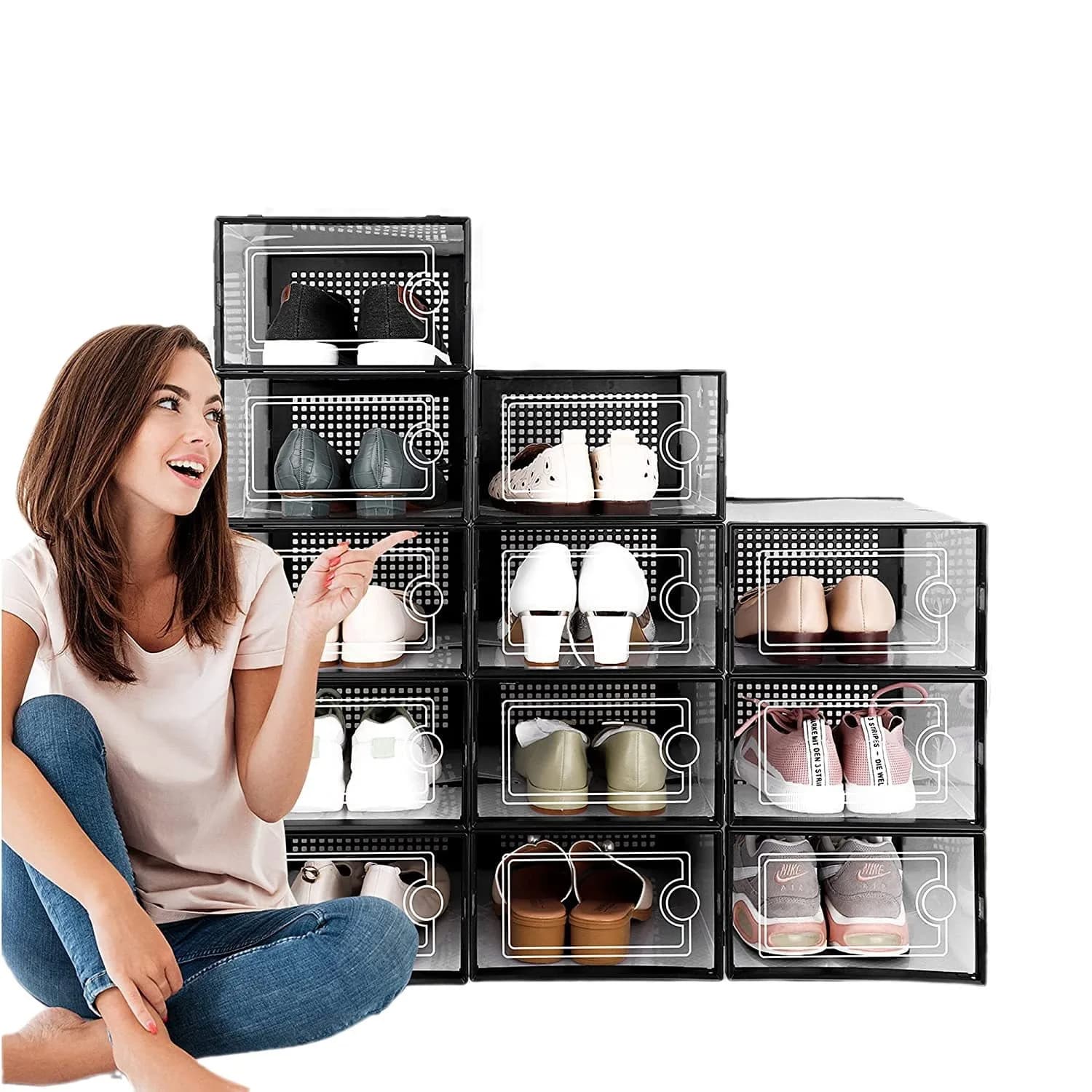 Stackable Clear Plastic Shoe Storage Boxes with Front Opening Door, Foldable Sneaker Display Organizer Containers for Closet, Fit Men Women Athletic Sneakers High Tops