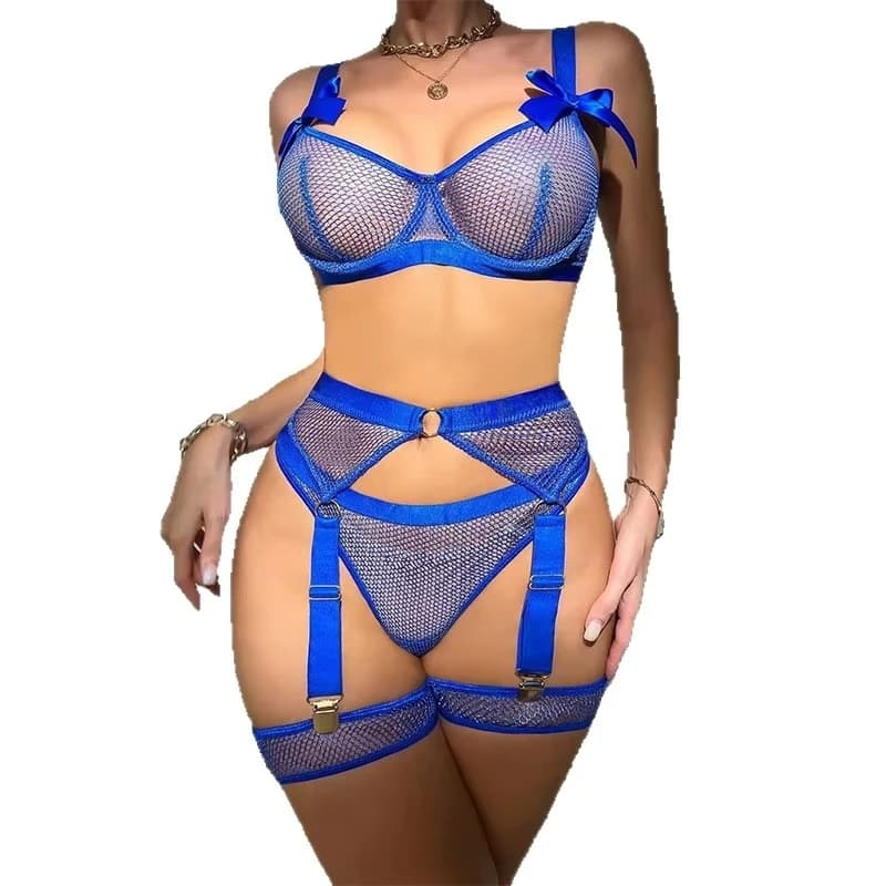 Lingerie bikini in rete sexy con fiocco, set di lingerie tentante, costume da bagno