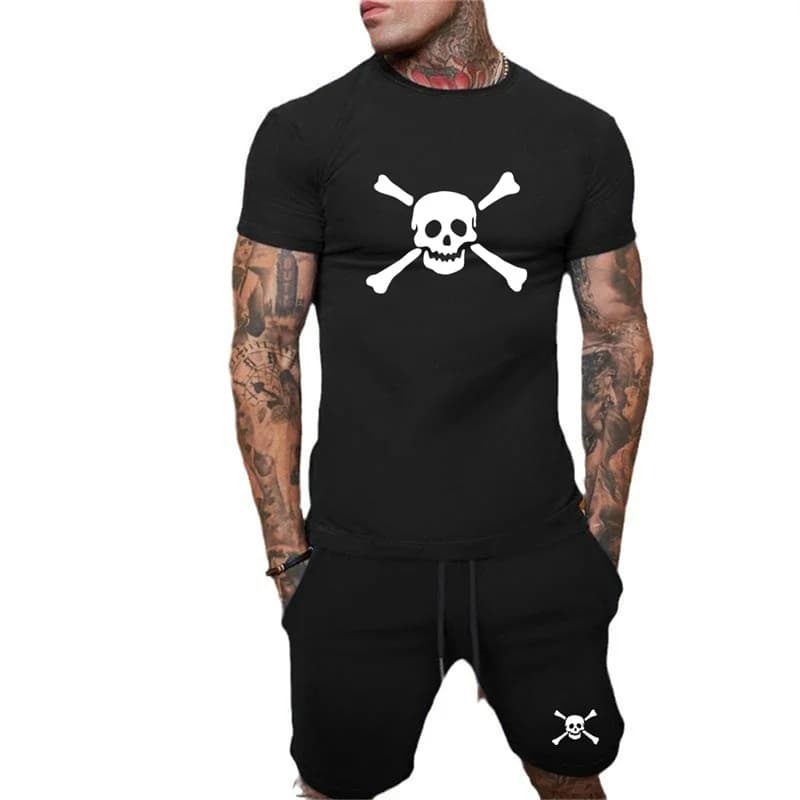Set da corsa Teschi stampati Hip Hop Street Wear T-shirt a maniche corte + pantaloncini Set da 2 pezzi Mesh traspirante Jogging Palestra Abbigliamento sportivo