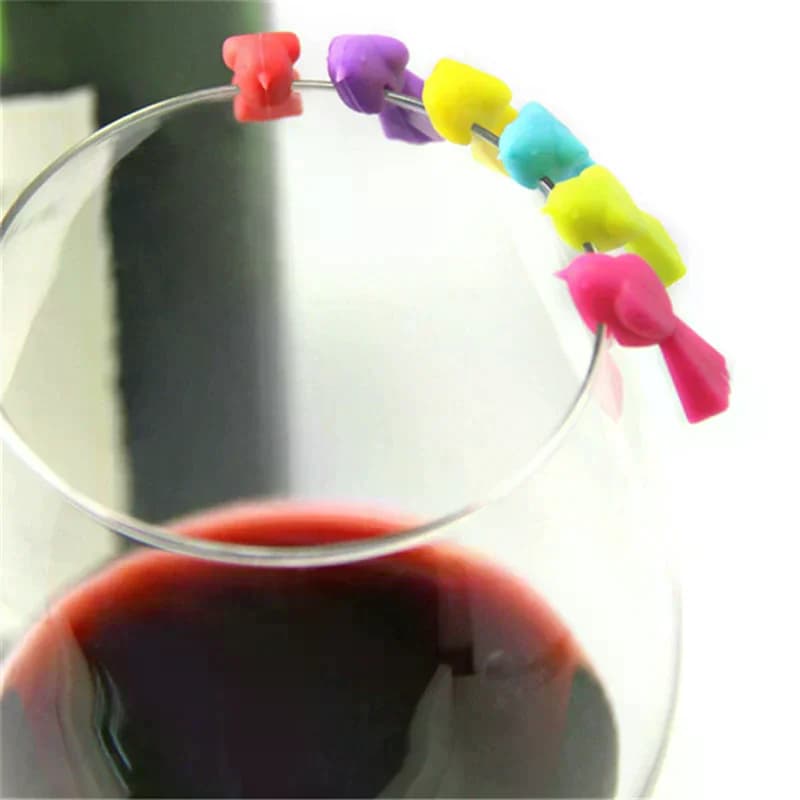 6 pezzi di tette per uccelli in silicone, bicchiere da vino, segno per bicchiere da vino, riconoscitore per bicchieri da vino