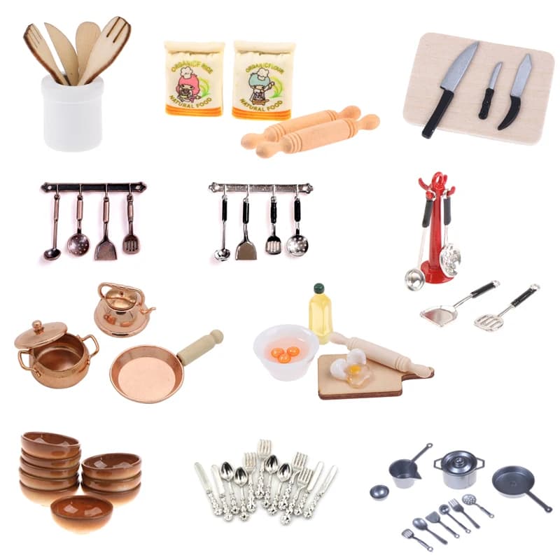 1:12 miniature per casa delle bambole accessori per la casa delle bambole Mini accessori per la cucina Set di barattoli di frusta in metallo con coltello e forchetta in legno