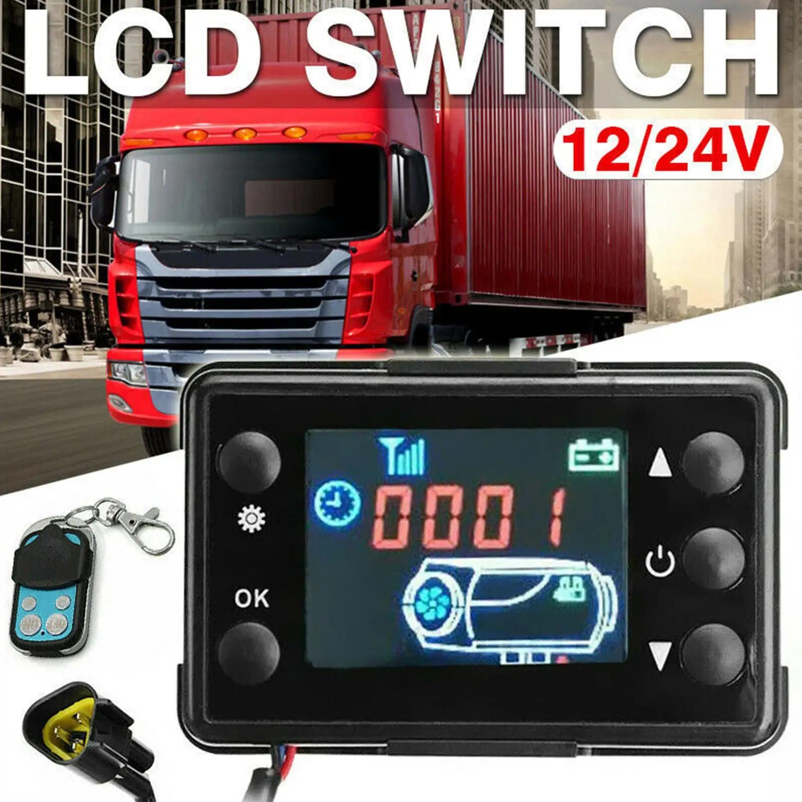 Kit Universale per Controllo Riscaldatore di Parcheggio 12V/24V con Monitor LCD, Interruttore e Telecomando, Accessori per Riscaldatore d'Aria Auto