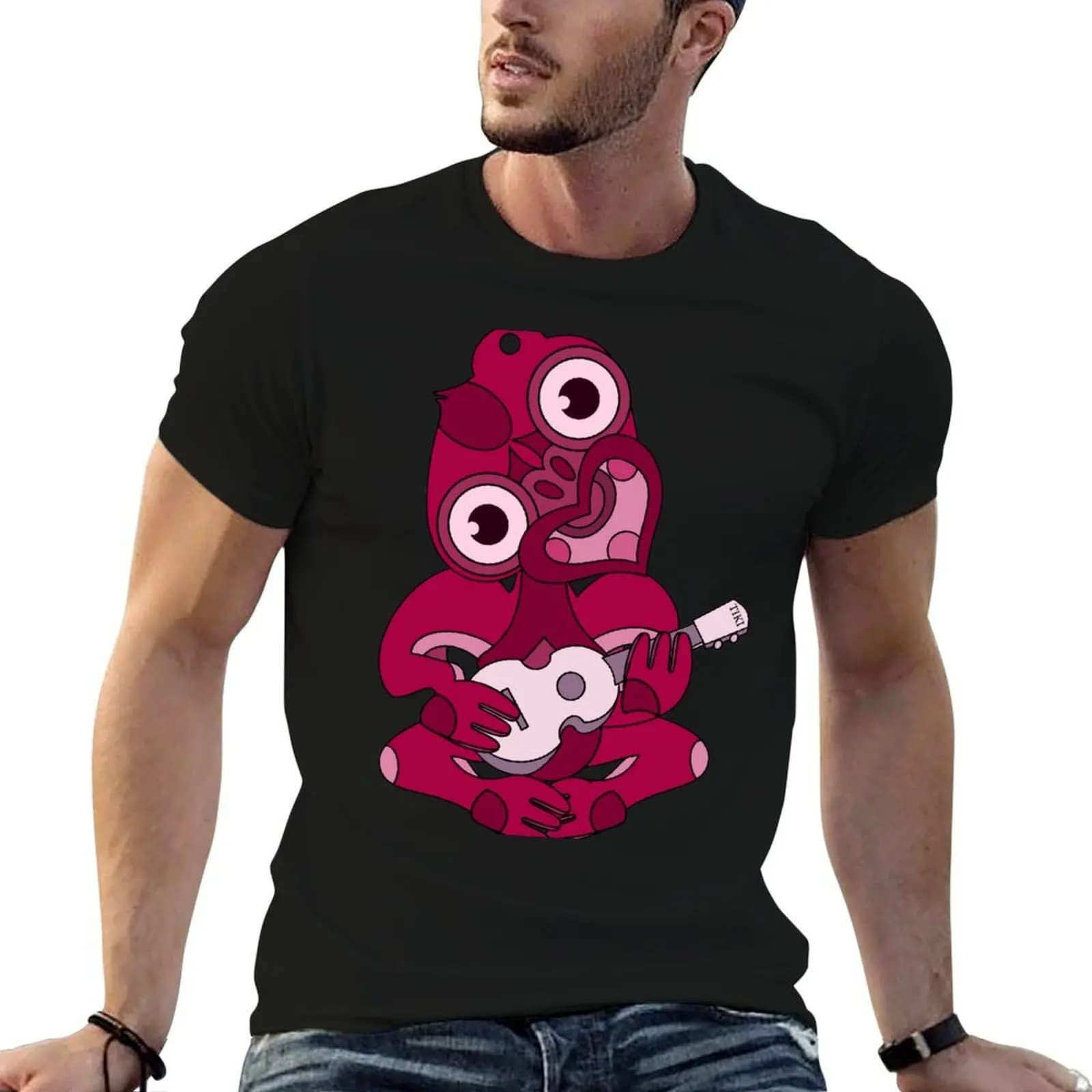 T-shirt da uomo Pink Hei Tiki con ukulele, t-shirt in cotone 100% cotone, t-shirt da uomo 100% cotone, t-shirt da uomo