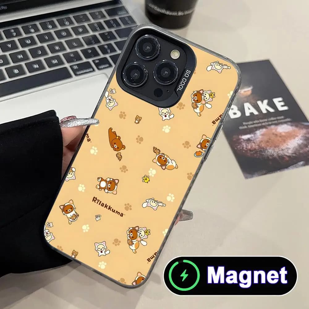 Cover per iPhone R-Rilakkuma-S Anime per modelli 17 16 15 14 13 12 11 Air Pro Max Plus, colorata con magnete argentato