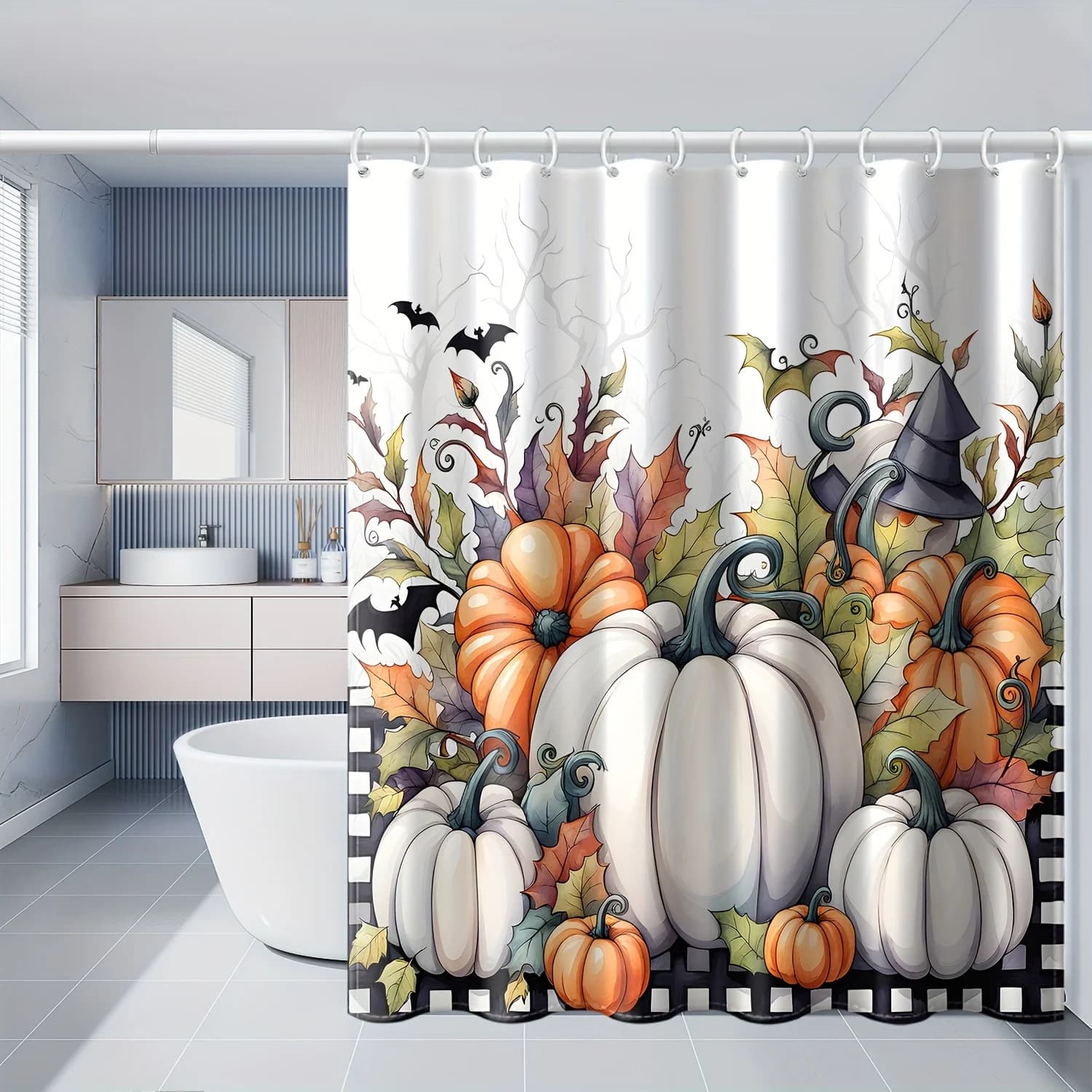Tenda da doccia stampata Halloween con zucca bianca arancione a quadretti in bianco e nero