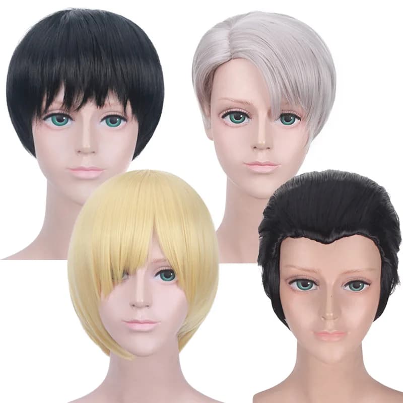 Parrucca cosplay sintetica per pattinaggio su ghiaccio Stili di personaggi ispirati all'anime, capelli biondi corti, fibra resistente al calore, costume da festa