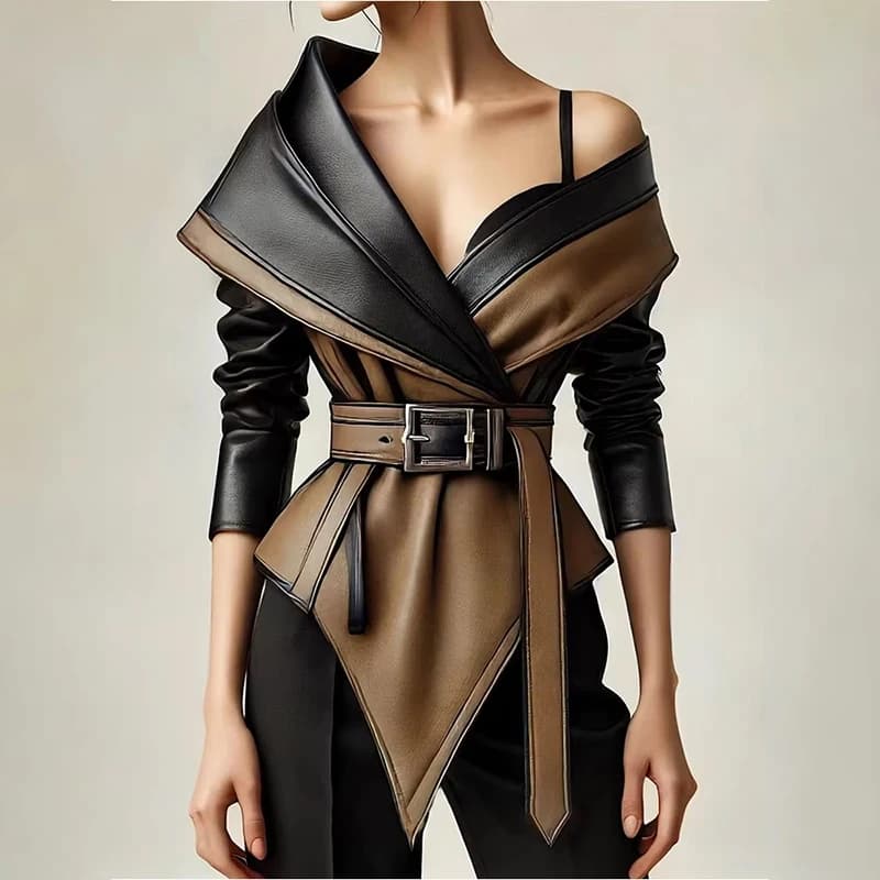 Cappotto da donna in pelle con spalle scoperte, risvolto a contrasto, maniche lunghe, cintura in vita e orlo irregolare, ideale per feste ed eventi serali