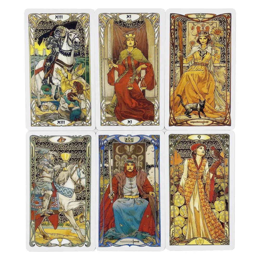 Carte dei Tarocchi Dorate in Stile Art Nouveau, Mazzo da 78 Carte, Edizione in Inglese per Divinazione e Gioco da Tavolo