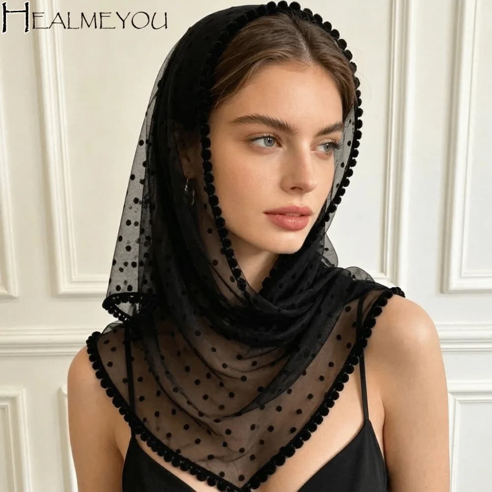 Solid Color White Bridal Triangle Veil Head Cover Black Tulle Mesh Scarf Hair Accessories Polyester Polka Dot Triangle Shawl
