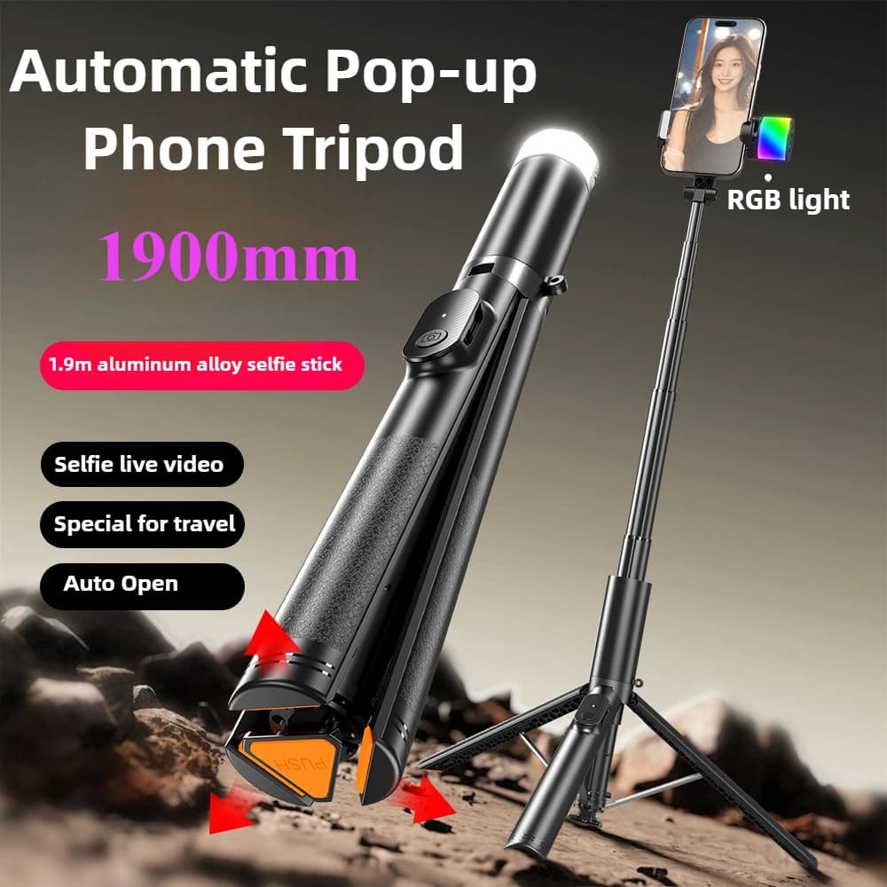 Treppiede automatico per selfie pop-up da 190 cm/74 pollici 360 ° Supporto per smartphone estensibile ruotabile compatibile con iPhone/Android