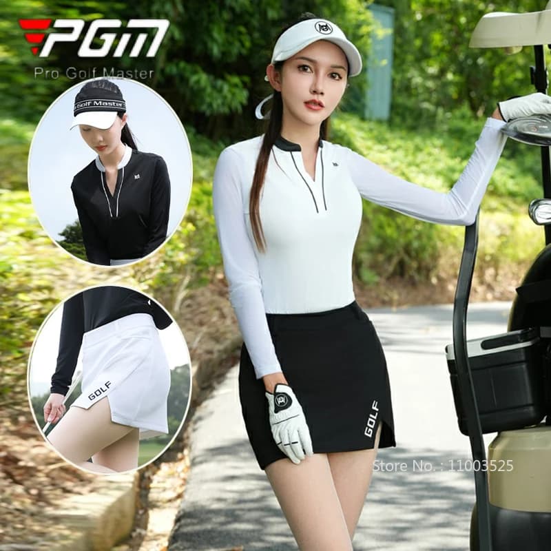 PGM Women V-neck Golf Shirts Ice Silk Long-sleeved Sports Top Sunscreen T-Shirts Lady Golf Pencil Skirts Slim Split Skorts