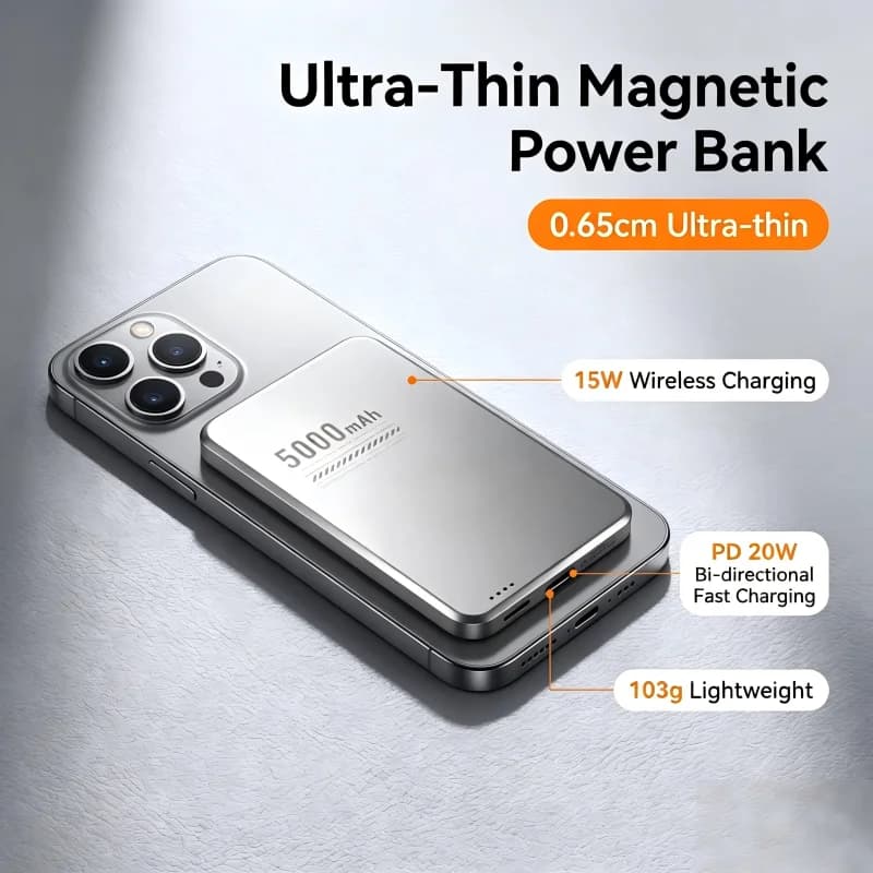 Power Bank Wireless Ultra Sottile da 10000mAh con Ricarica Magnetica Rapida Qi2 e Clip Posteriore per iPhone e Xiaomi