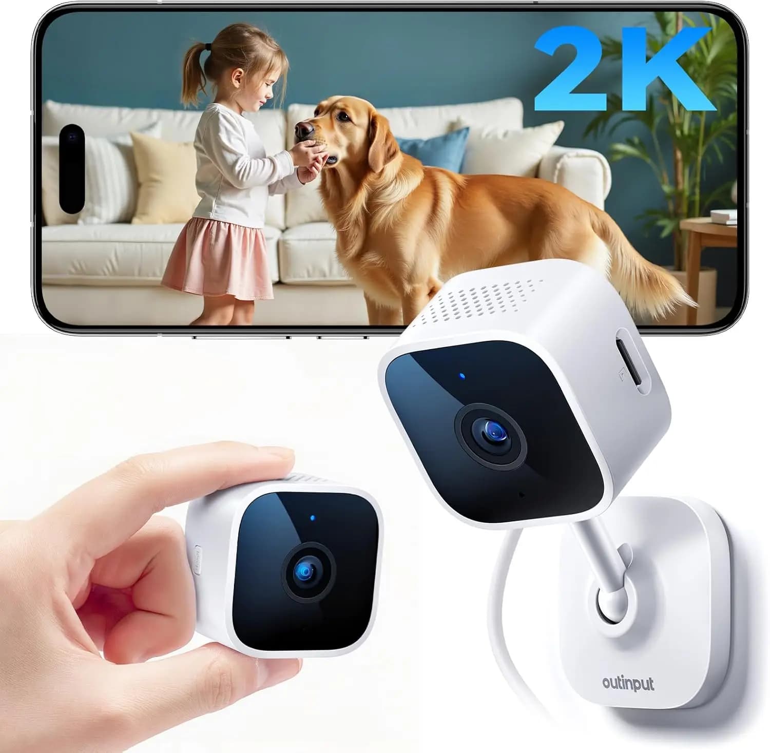 Telecamera di Sicurezza WiFi 2K per Interni, Rilevamento Movimento, Visione Notturna, Audio Bidirezionale, Archiviazione Cloud e SD, Monitor per Animali Domestici/Bambini, Bianca