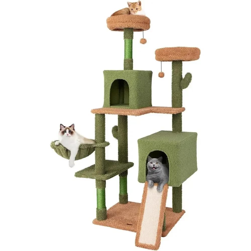 63 Inch Tall Cat Tree with Sisal Posts, Perches, Condos, Hammock, Balls, Washable Cushions, Green Indoor Cat Tower