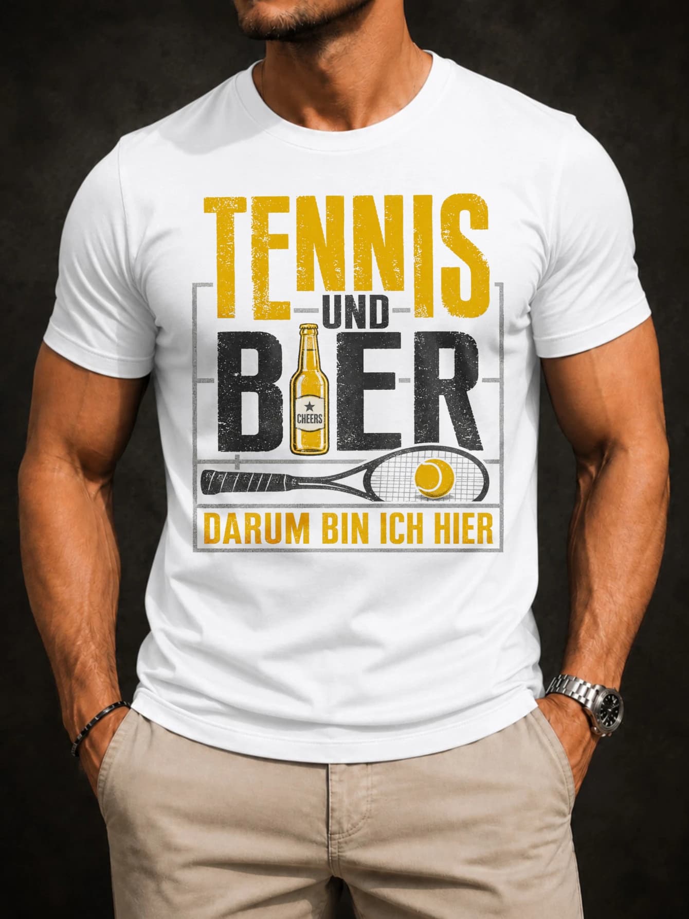 Tennis Und Bier Darum Bin Ich Hier racket ball bottle and gold gray typography and casual graphic Unisex All T-Shirt