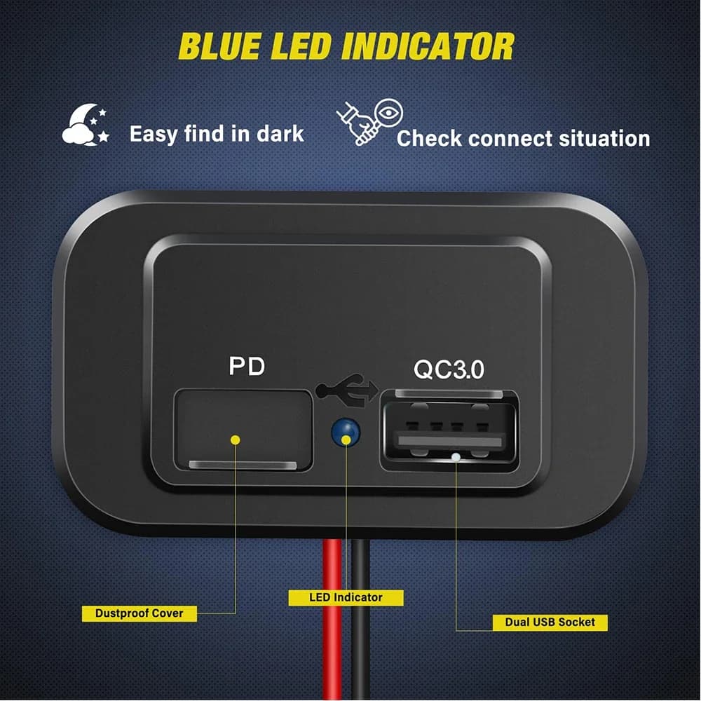 Pannello prese 12V 24V Doppia presa USB PD Tipo C QC3.0 Montaggio superficiale con luce LED per camion moto barca marina camper automobilistico