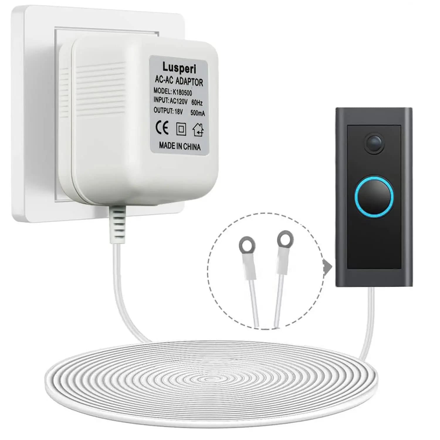 Trasformatore per campanello con cavo extra lungo da 19,7 piedi 18V500mA per videocitofoni wireless, bianco
