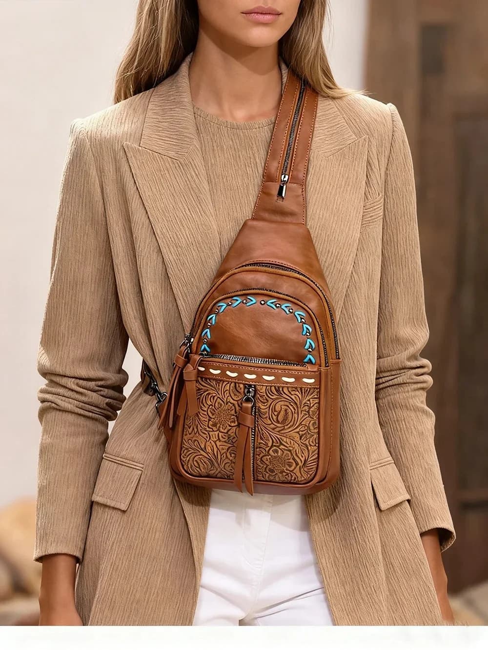 Borsa a tracolla da donna 2 in 1, zaino da petto in pelle PU, modello vintage con motivo in rilievo, multi scomparto, leggero, per tutti i giorni