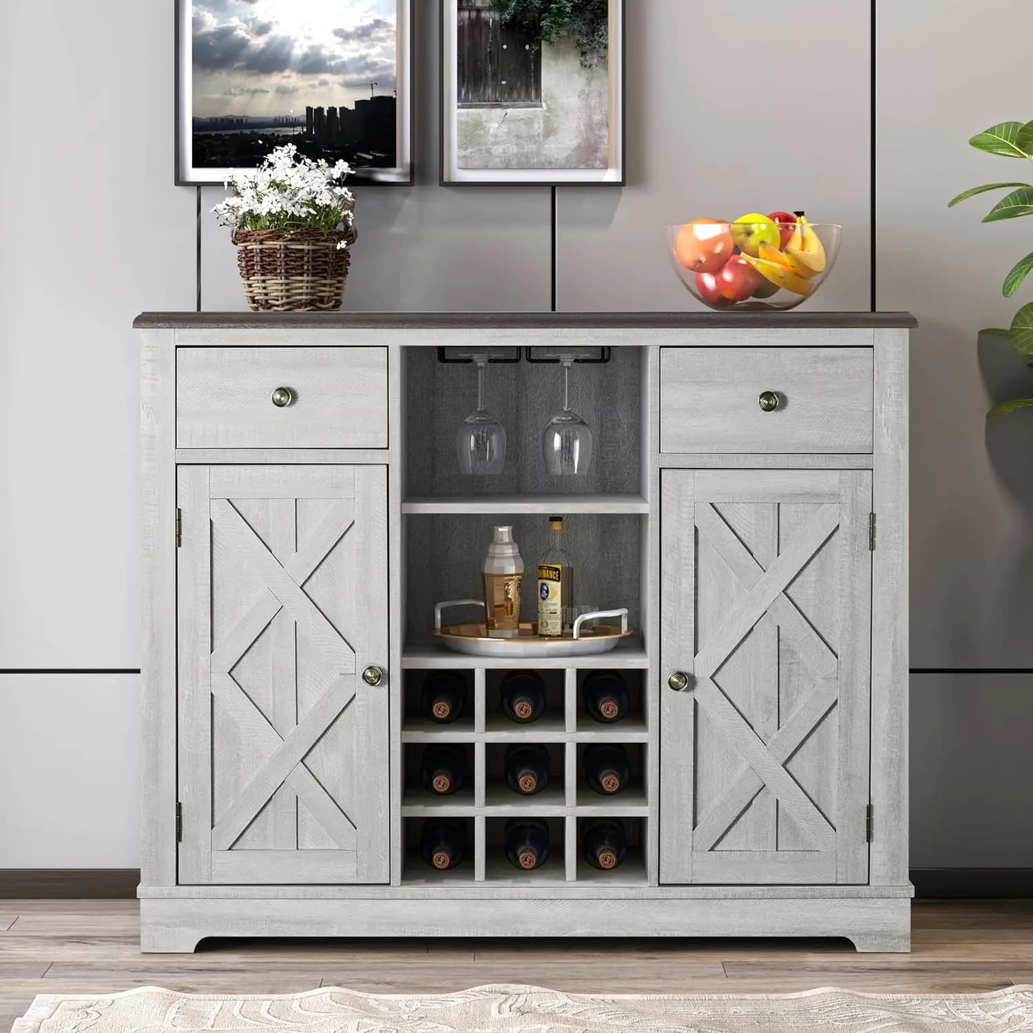 42in Wine Cabinet 2 Doors Drawers Glass Rack Countertop Storage Shelf Dining Buffet Sideboard, Custom