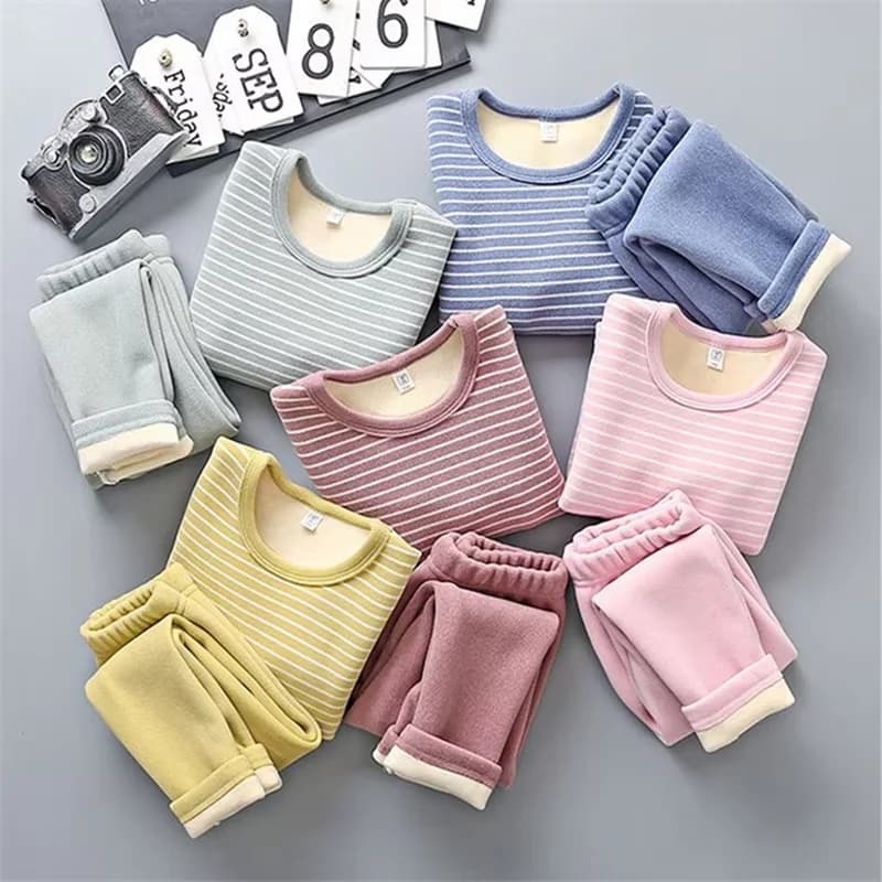 Boys Girls Plus Velvet Thicken Pajamas Autumn Winter Child Thermal Underwear Suit Soft Comfortable Stripe Home Clothes 2-Pcs Set