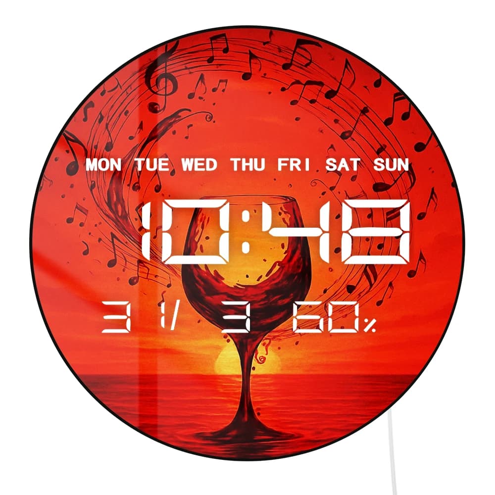 Orologio Digitale LED con Note Musicali a Tema Vino Rosso, Timer da Parete e Scrivania, Dimmerazione Automatica, 12/24 Ore, con Calendario, Data e Temperatura