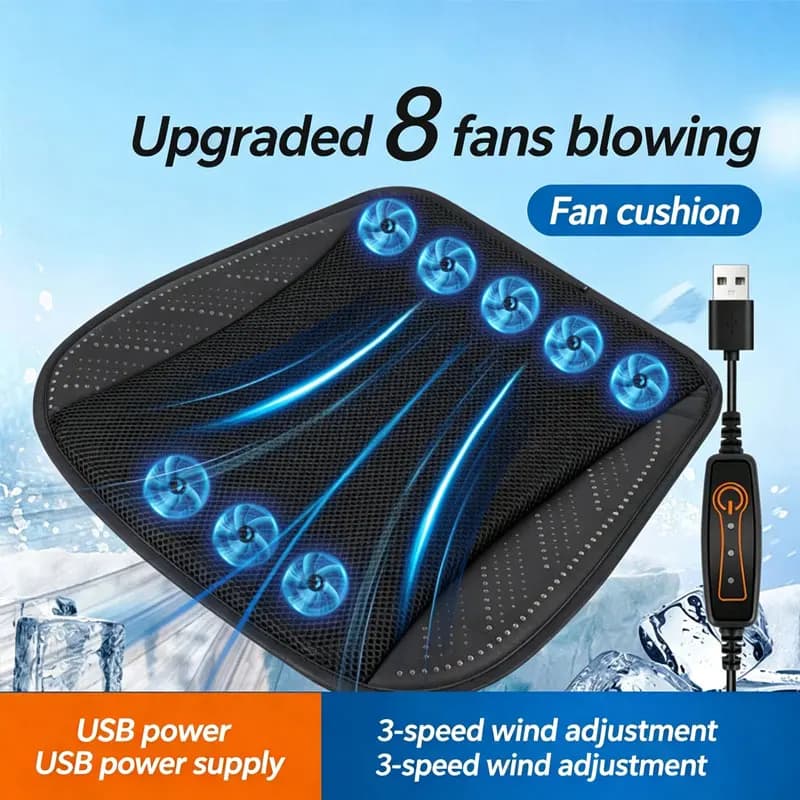Car Cooling Seat Cushion With USB 8 Fans Ventilated Car Breathable Seat Cushion Quick Cooling 3-Speed Adjustable Seat Cushion