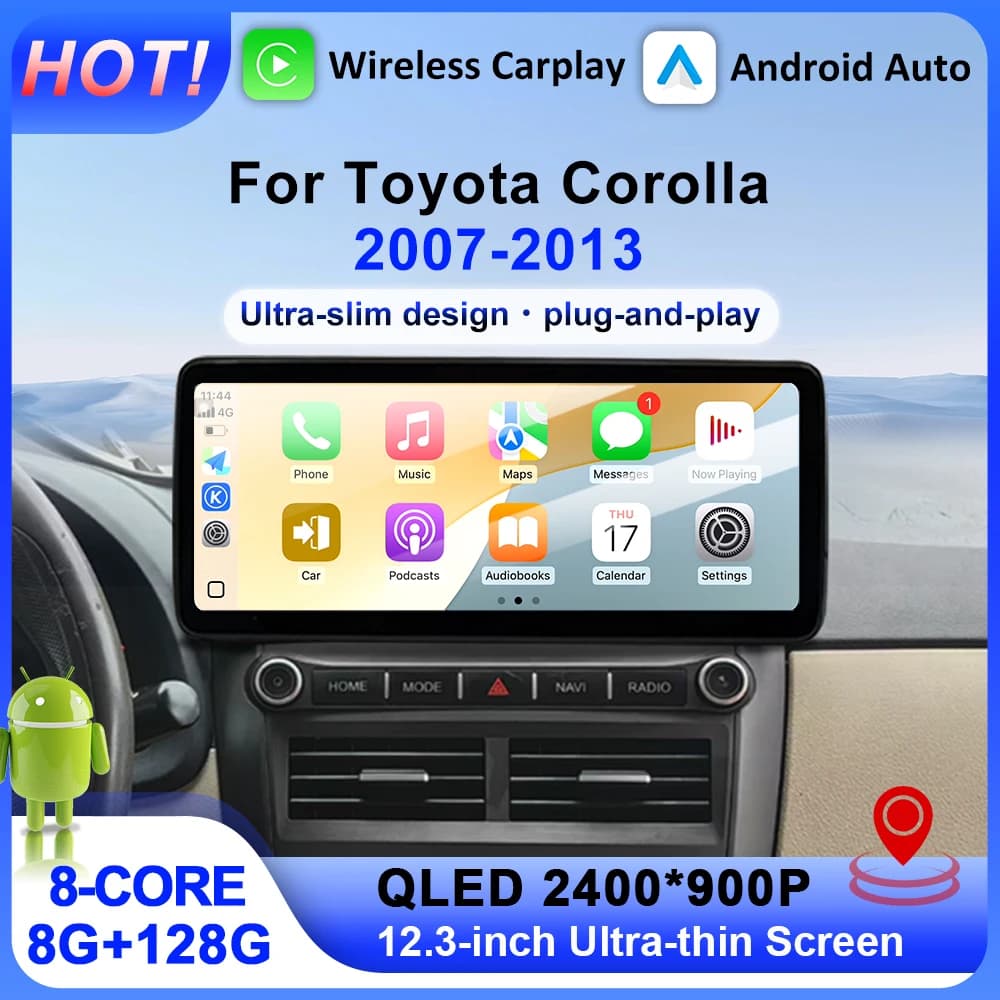 Per Toyota Corolla 2007 - 2013 Lettore Audio Accessori Auto Wireless Carplay Android Auto WiFi 4G BT DSP GPS 12.3 "Schermo QLED