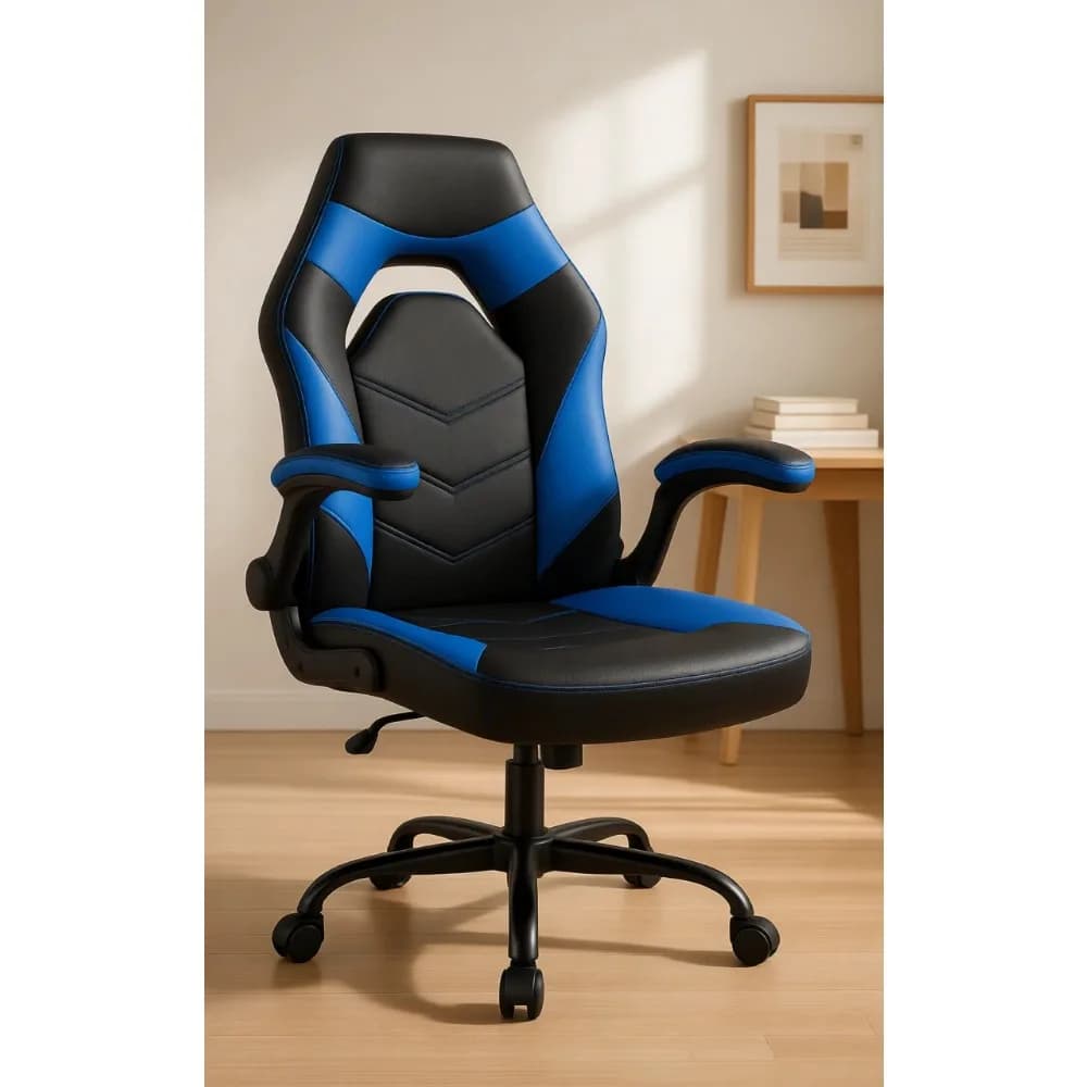 Sedia da gaming ergonomica con supporto lombare, altezza regolabile, ruote girevoli, braccioli ribaltabili, in pelle PU blu