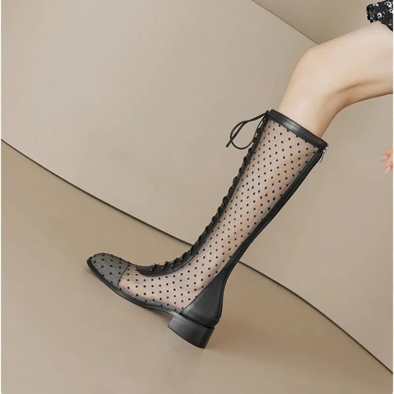 Nuovi Stivali Lunghi da Donna Versatili in Rete Traforata 2026, Stivali Estivi in Rete a Tubo Alto con Tacco Grosso, Scarpe di Tendenza