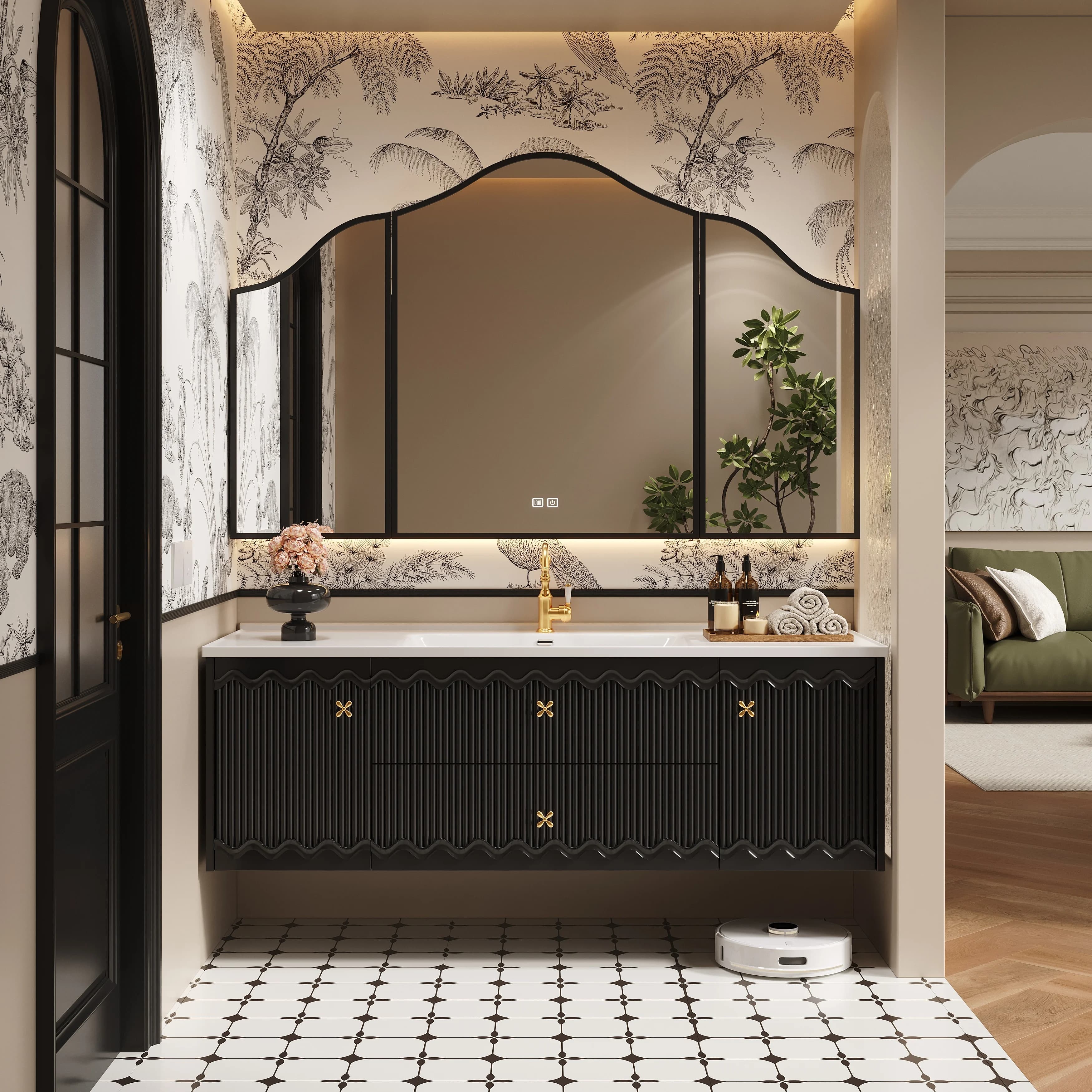 Mobile bagno di lusso minimalista in legno massello stile americano con specchio intelligente e lavabo in granito senza giunture per ospedali/magazzini