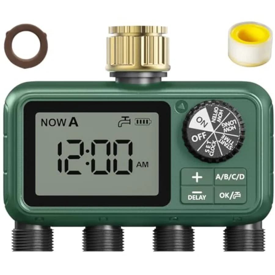 Timer per irrigazione a 4 zone con ingresso in ottone, programmabile per tubo da giardino con ritardo pioggia, sistema di irrigazione manuale e automatico