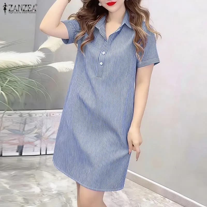 ZANZEA Summer Striped Dress Stylish Women Lapel Neck Short Sleeve Sundress Elegant Work Dresses Casual Holiday Knee Length Robe