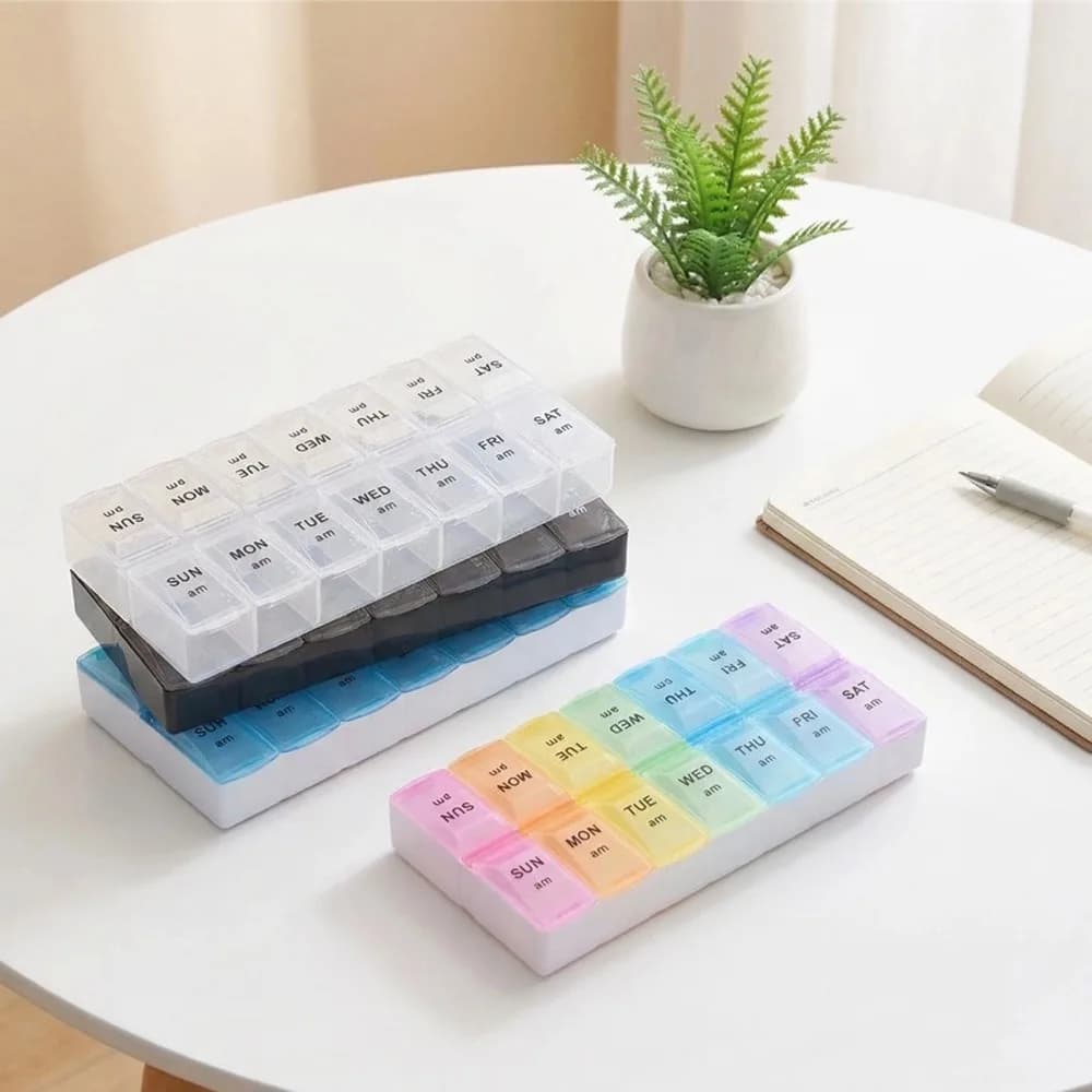 New Premium Portable Container for Weekly Pills, Organizer with 14 Parties for 7 Days, Two Times per Day, for Vitamins, Medicines, Fish Oils