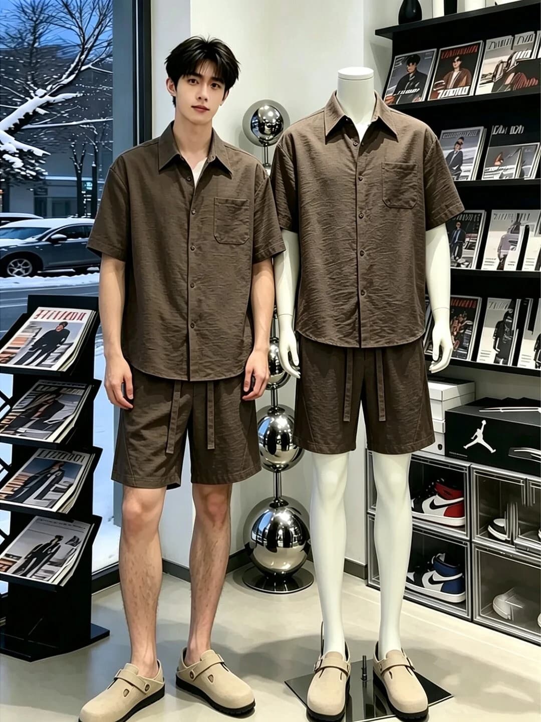 Men's Summer Casual Shirt Set Ice Silk Short Sleeve Shorts Two-Piece Set Linen Feel Fashionable for Husbands And Vacation