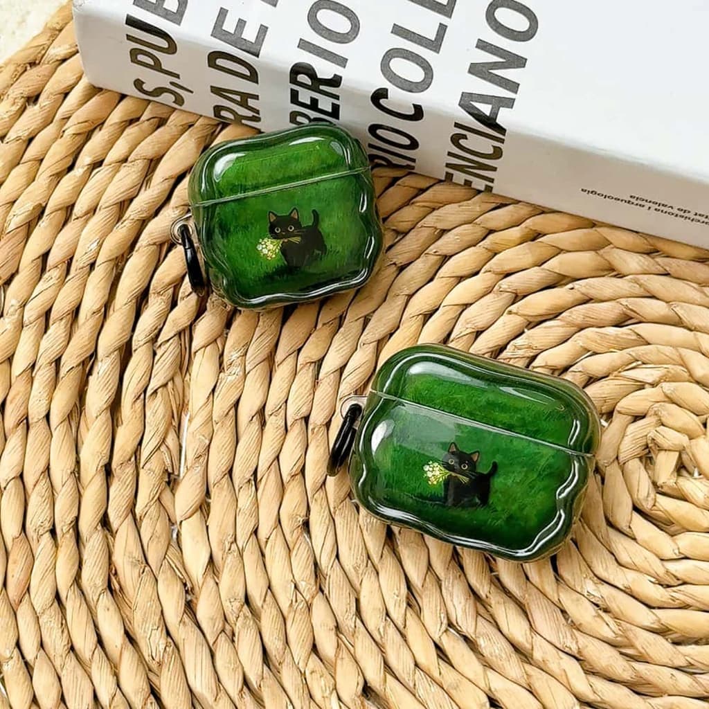Protective Housing AirPods 1 or 2 3 Pro 2 Pro 2 Pro 3 with Black Cat Playful and Cute, Flowers, Corrugated Edge Polished and Hook