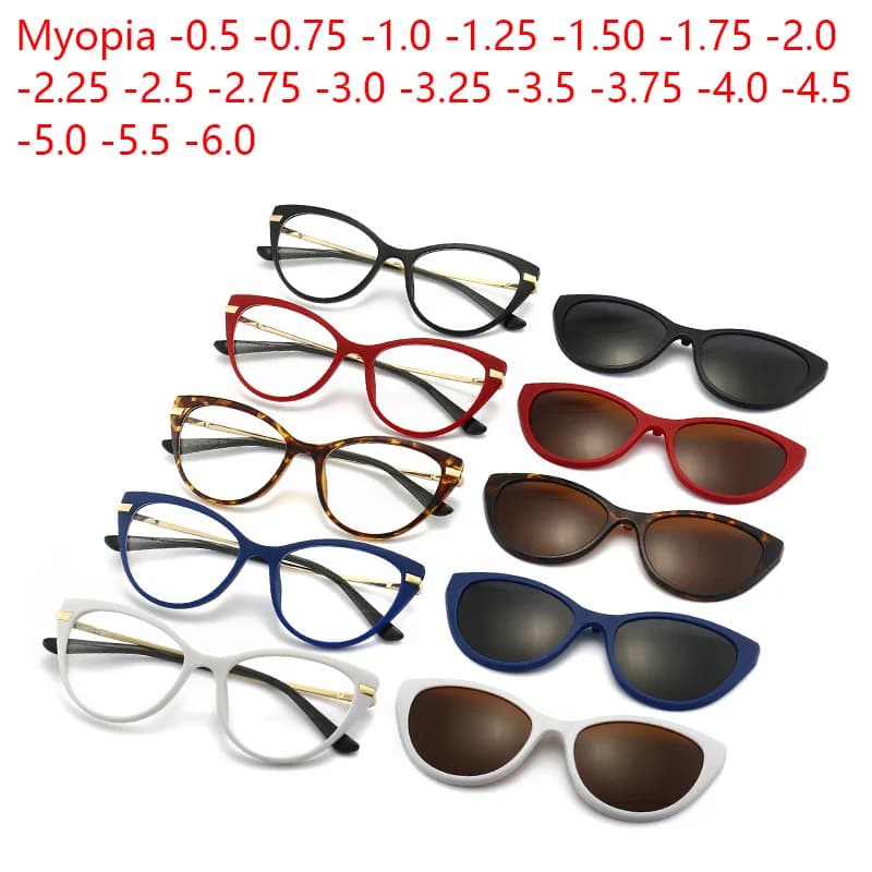 Myopia Prescription Multifunctional Glasses Polarizing Plate Cat's Eye Frame -0.5 to -6.0 Magnetic Sunglasses Clip Prescription