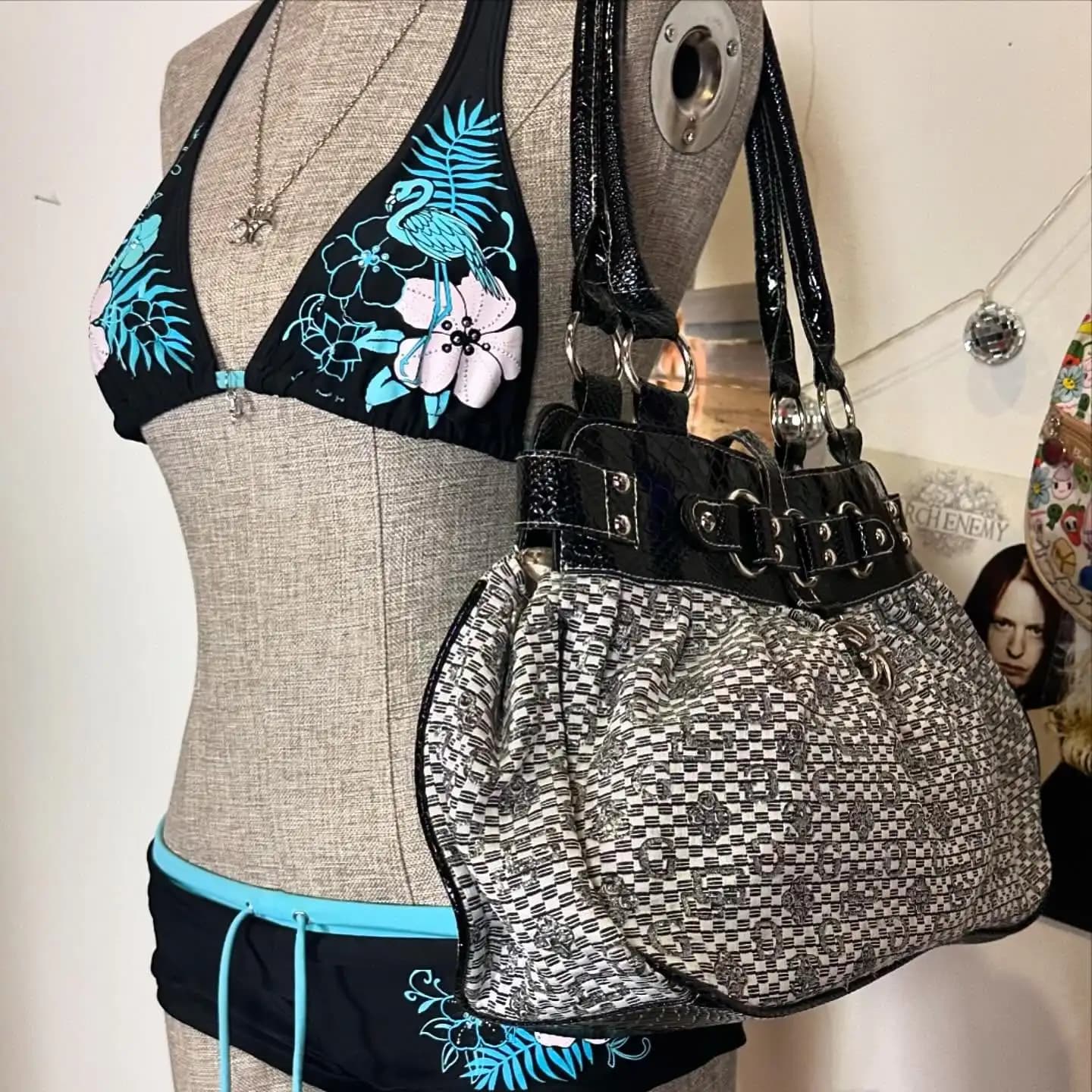 New Arrival 2026: Two Piece Women's Two Pieces Y2K Streetwear Black with Tropical Floral Print and Top Halter with Slip Boyshort