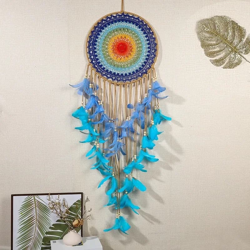 Blue Feathers Handmade Dream Catcher Window Hangings Bohemian Wall Pendants Home Decorations Living Room Pendants For Girls Gift